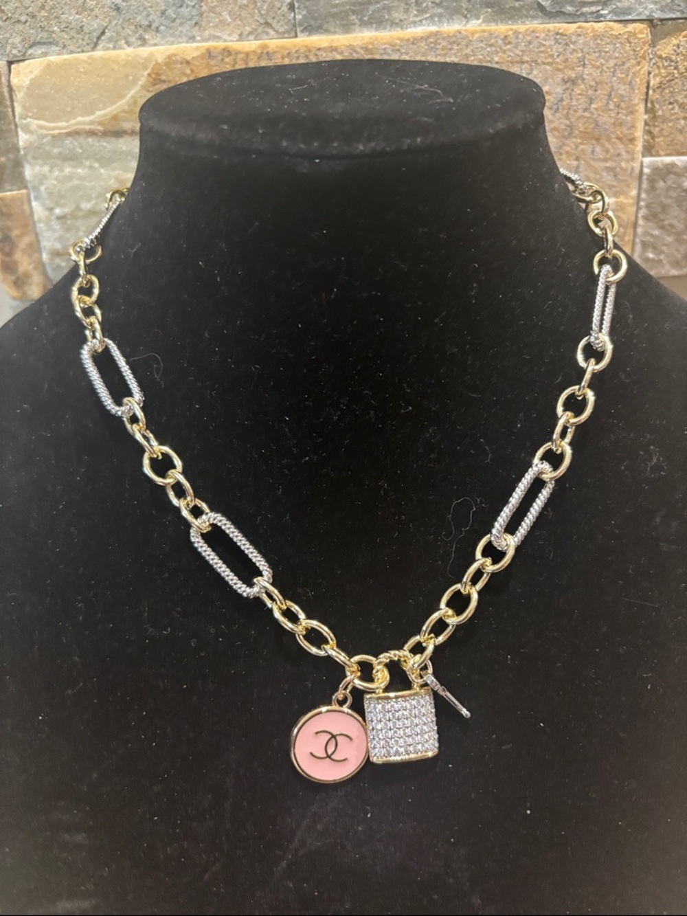 Two-Modern Mixed Chain Charm Necklace with Pink Logo Disc